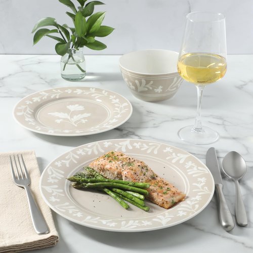 Martha Stewart Maiden Crown 12-Piece Taupe Dinnerware Set – New Bone China Ceramic Plates & Bowls – Floral Design – Service for 4 – Dishwasher & Microwave Safe