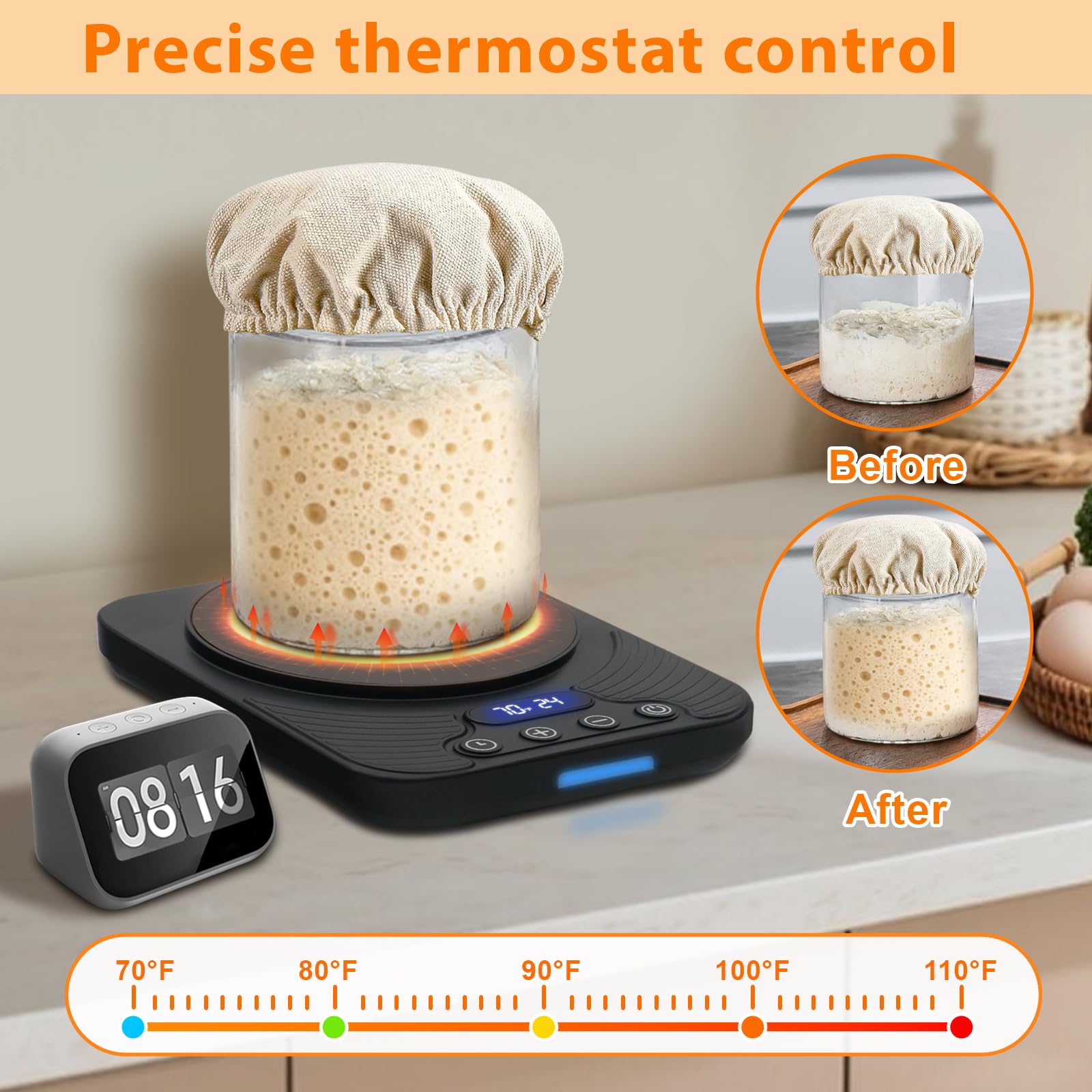 xoermioy Sourdough Starter Warmer – Precise Thermostat (70-110°F), Intelligent Memory & 24H Timer Function for Home Baking & Fermented Dough (Black)