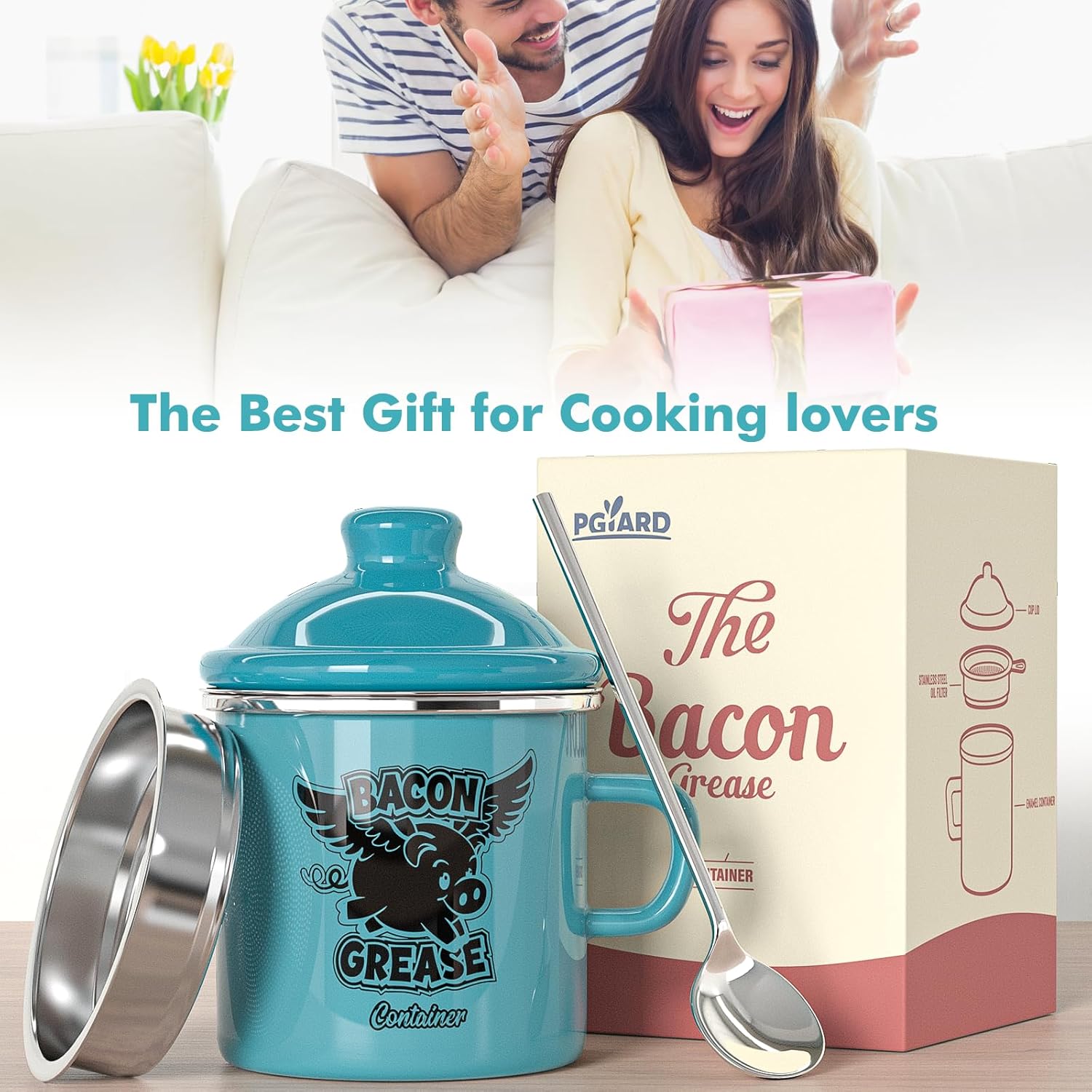 PGYARD Mini Bacon Grease Container - 15oz Enamel Strainer for Farmhouse Kitchen (Light Blue)