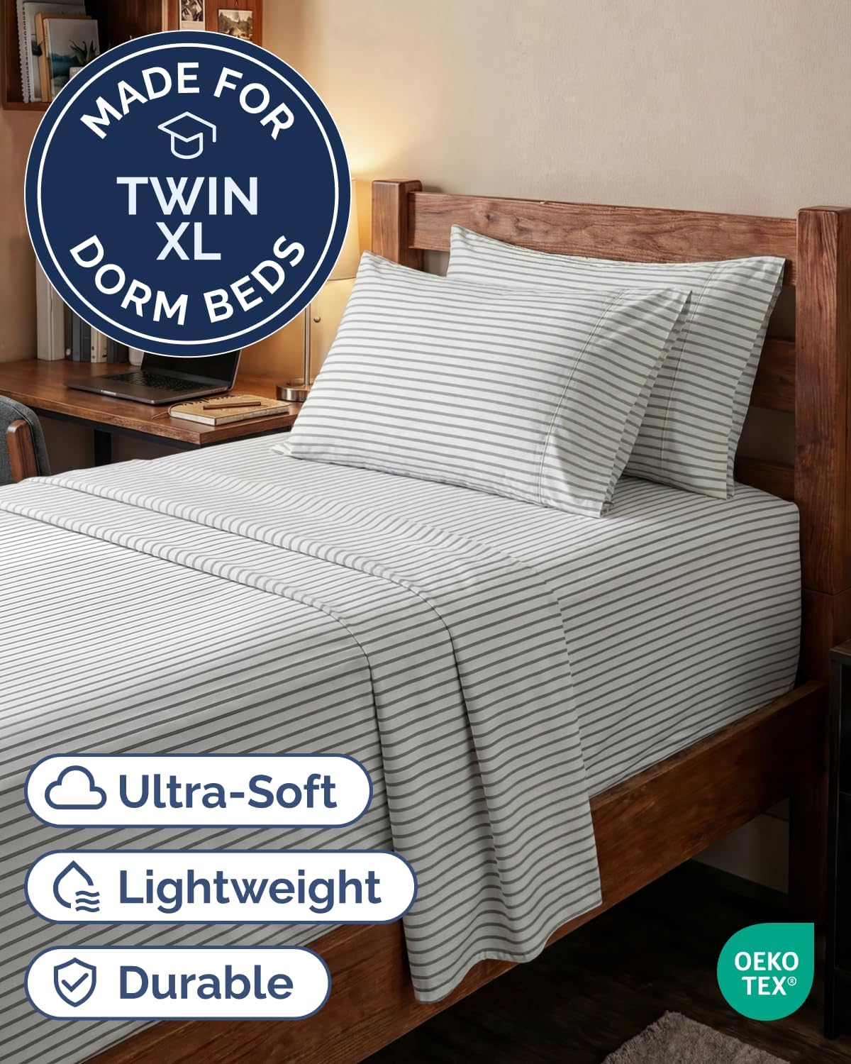 Skiennix Extra Deep Twin XL Sheet Set - 4-Piece Breathable Cooling Bedding - Soft, Wrinkle-Free Grey Stripes