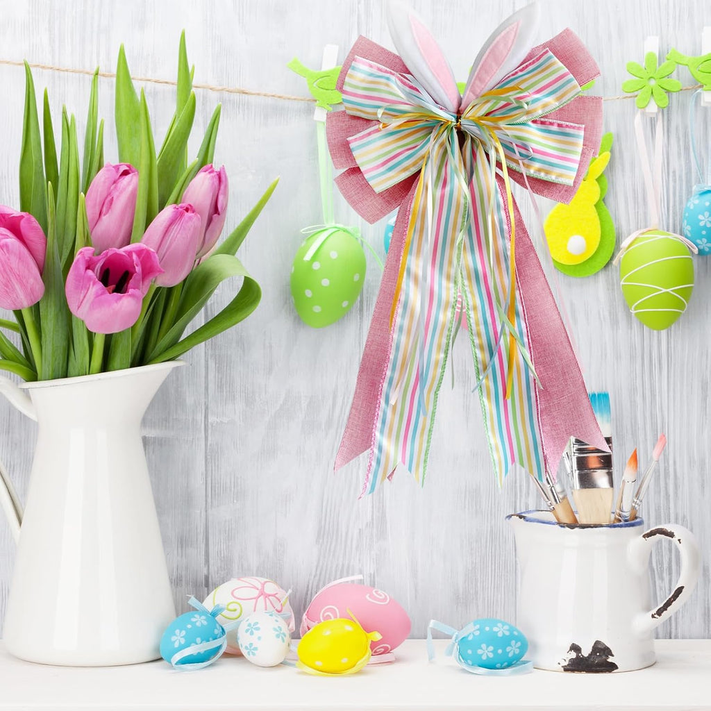 Skiennix Large Easter Pink Burlap Bow - 11.5 x 20 Inches with Bunny Ears for Wreaths & Gift Baskets