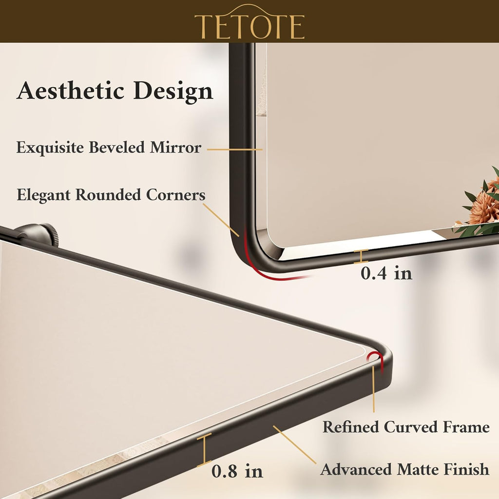 TETOTE Pivot Mirror - Modern Farmhouse Matte Black Rectangle Vanity Mirror | 20 x 30 Inches, Adjustable Beveled Glass