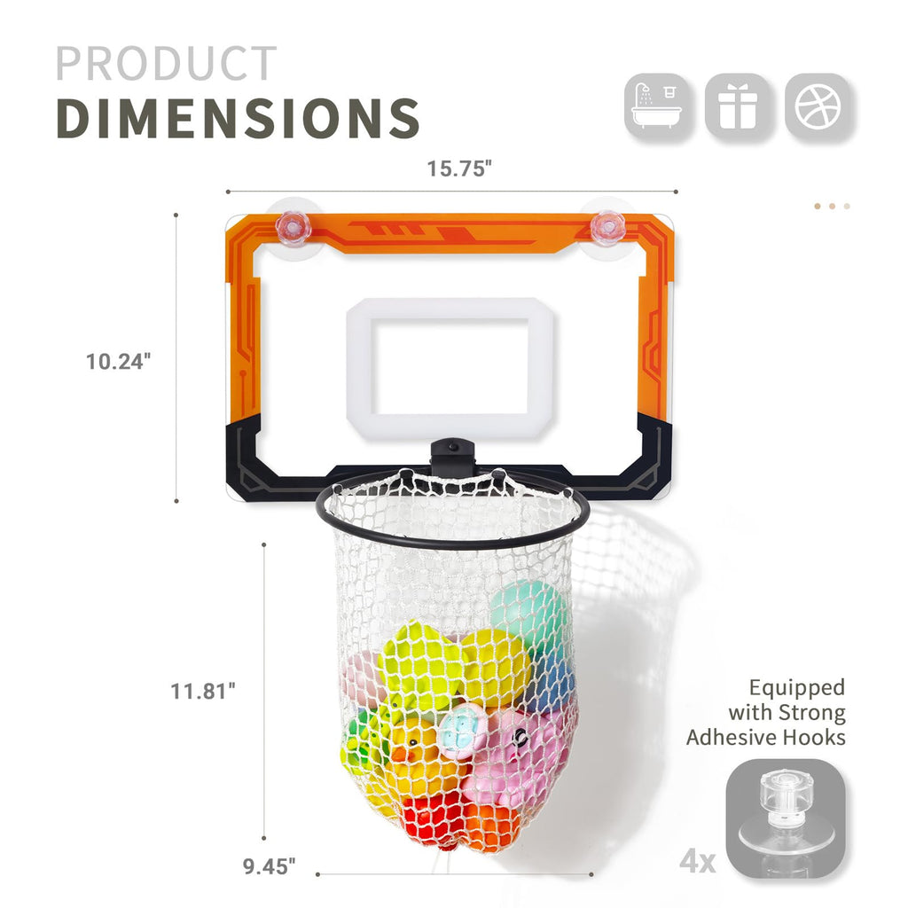 QPJ Baby Bath Toy Storage Organizer, Large Opening Mesh Bathtub Toy Storage for Tub, Bath Toy Holder for Quick Release of Toys for Bathroom, Basketball Hoop Design with Fun Bonus