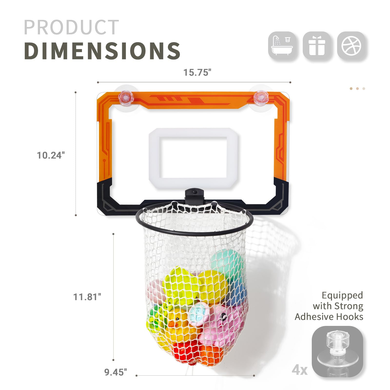 QPJ Baby Bath Toy Storage Organizer, Large Opening Mesh Bathtub Toy Storage for Tub, Bath Toy Holder for Quick Release of Toys for Bathroom, Basketball Hoop Design with Fun Bonus