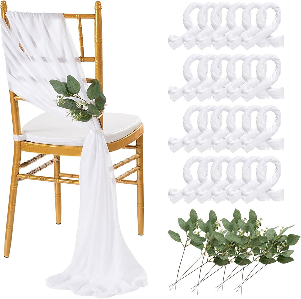 QueenDream Chair Sashes - 24 Packs of 8ft Long Sheer White Draping Fabric for Wedding & Party Decor