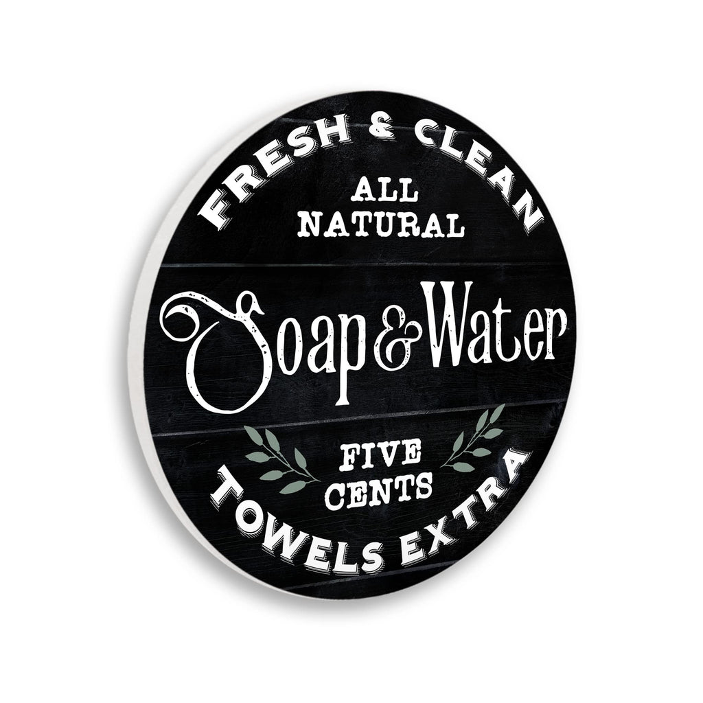 Stupell Industries Fresh & Clean Bathroom Sign Vintage Soap and Water Circular Wall Plaque, 12" Diameter, Black
