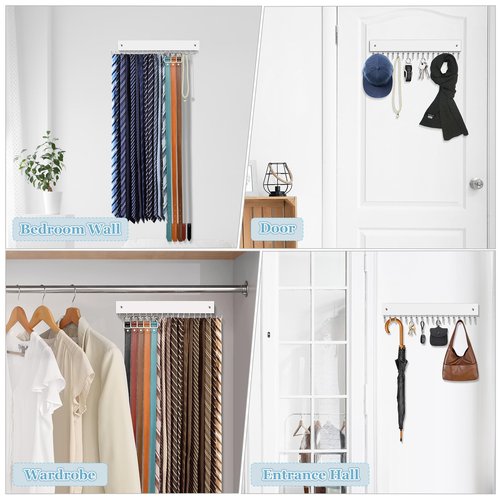 Tie Rack Belt Hanger Wall Mounted, Lomrsiul Non Slip 180 Degree Rotating Tie Organizer for Men Closet with 18 Hooks Closet Organizers and Storage for Tie Belt Necklace Purse Scarf Bag White 1 Pack