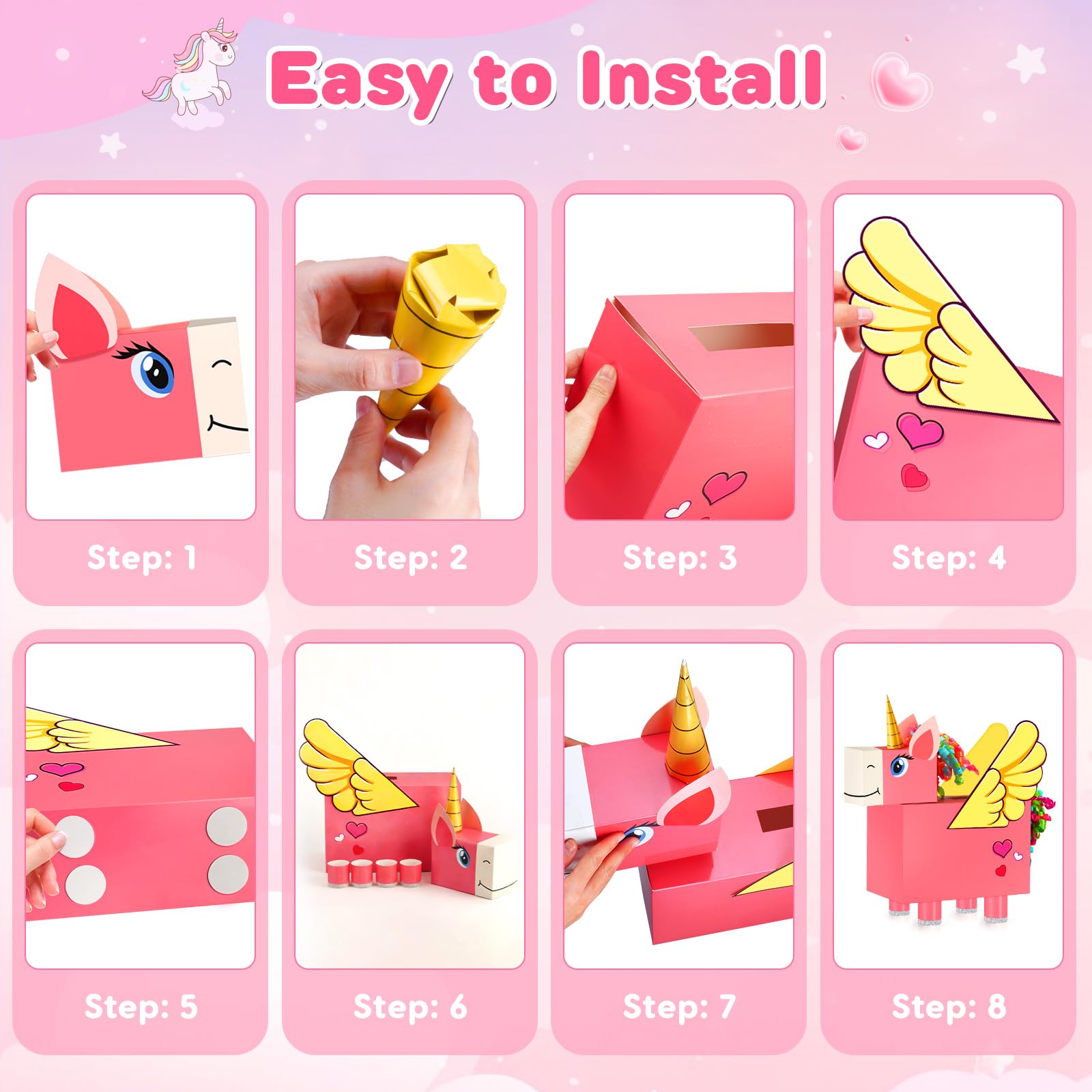 Bstoyder Unicorn Valentines Day Box and Cards for Kids School, Valentines Day Cards Gifts for Kids Classroom Exchange, School Party Favors (1 Unique Pink Box, 32 Valentine Cards, 1 Teacher Card)