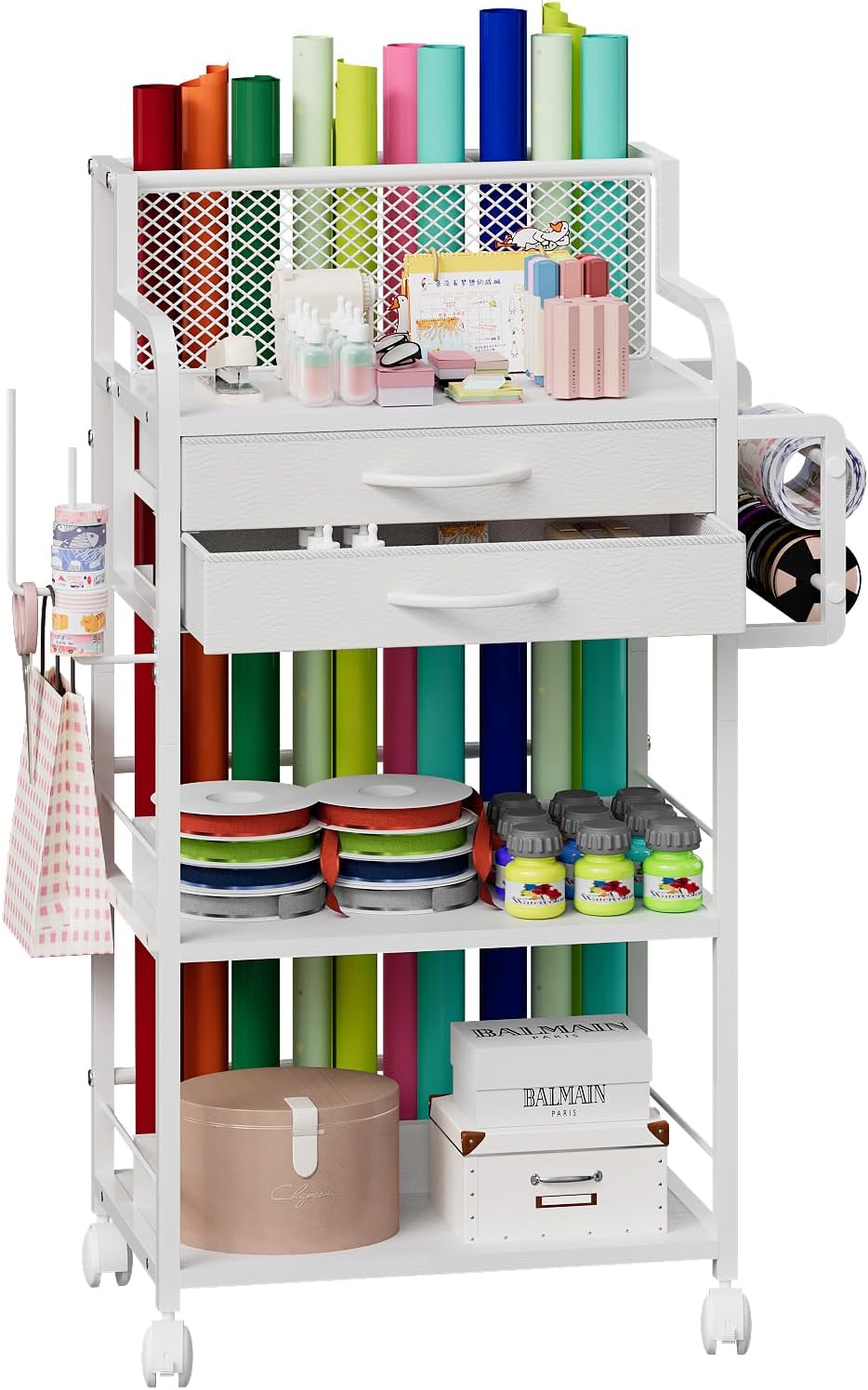 Skiennix Rolling Craft Storage Cart - 2 Fabric Drawers & Lockable Wheels | Gift Wrap Organizer with Ribbon & Tape Holder