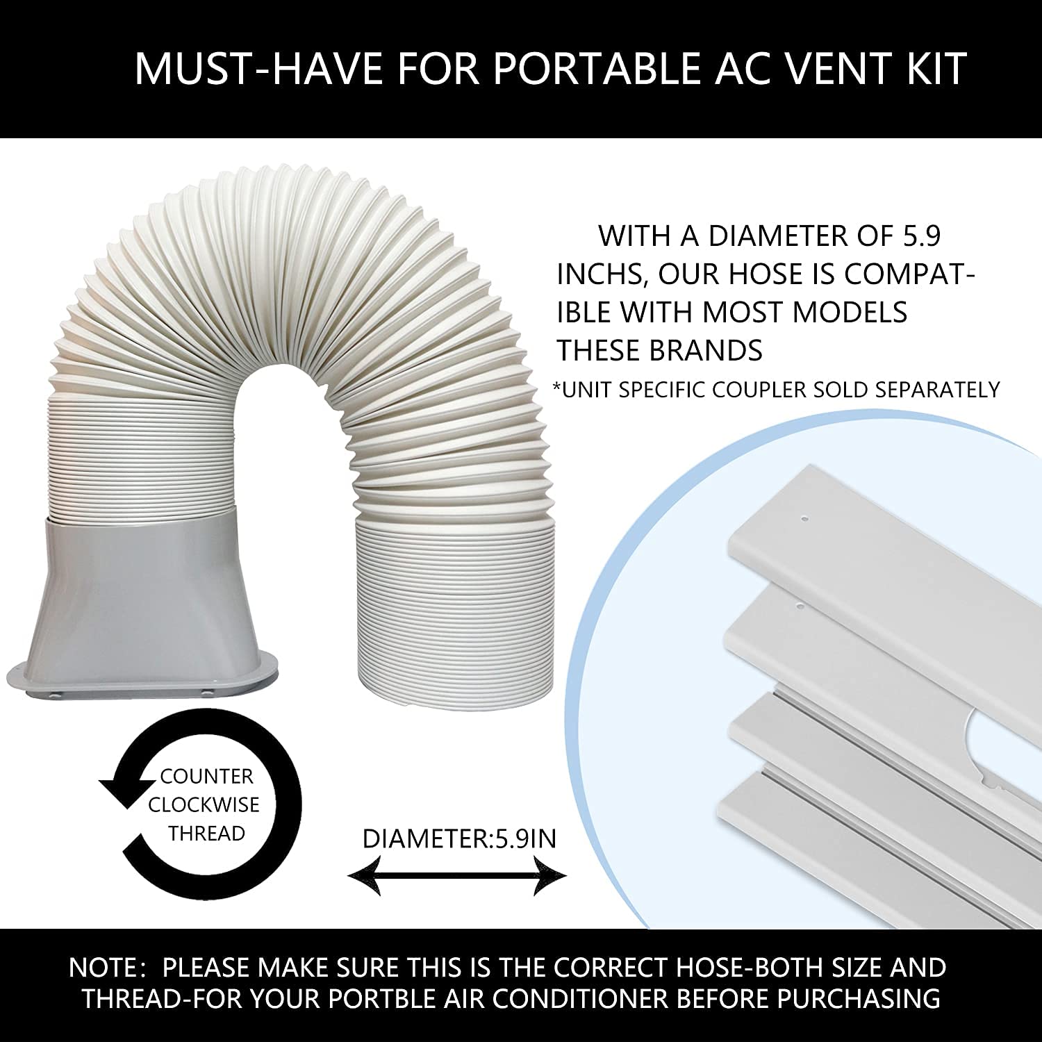 LEZIFU Portable Air Conditioner Kit with Hose, Adjustable Window Seal with 5.9 Inch Diameter 59" Length Hose for Vertical/Horizontal Window
