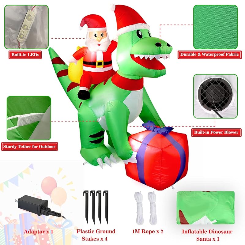 5 Ft Christmas Inflatable T-Rex Dinosaur with Santa Claus — Built-in LED, Easy Setup
