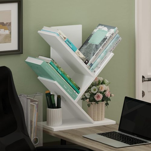 Furinno 3-Tier Tree Bookshelf - Stylish Angled Open Design for Room Decor | White, 8.4 x 15.7 x 21.3 Inches