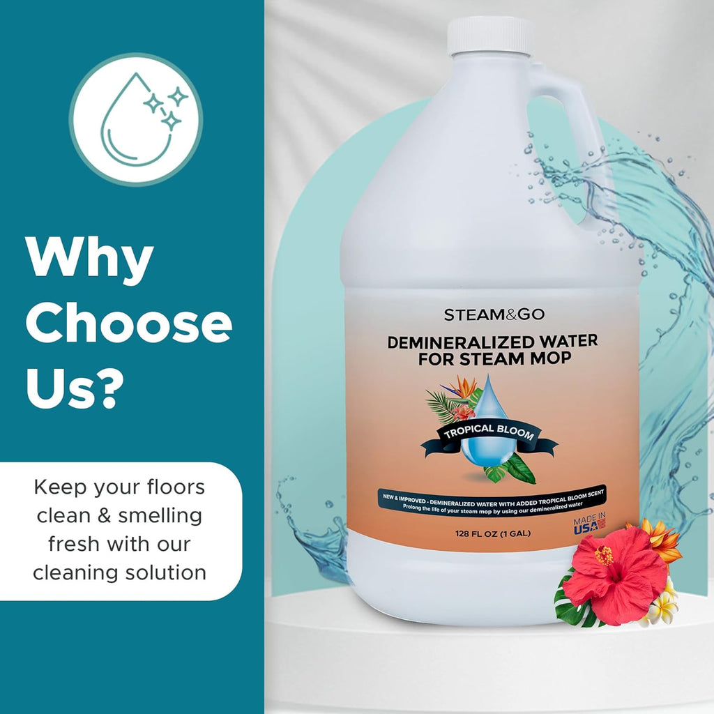 Steam & Go Demineralized Water | PVC-Free Floor Cleaner for All Steam Mops - Tropical Bloom, 128 Fl Oz