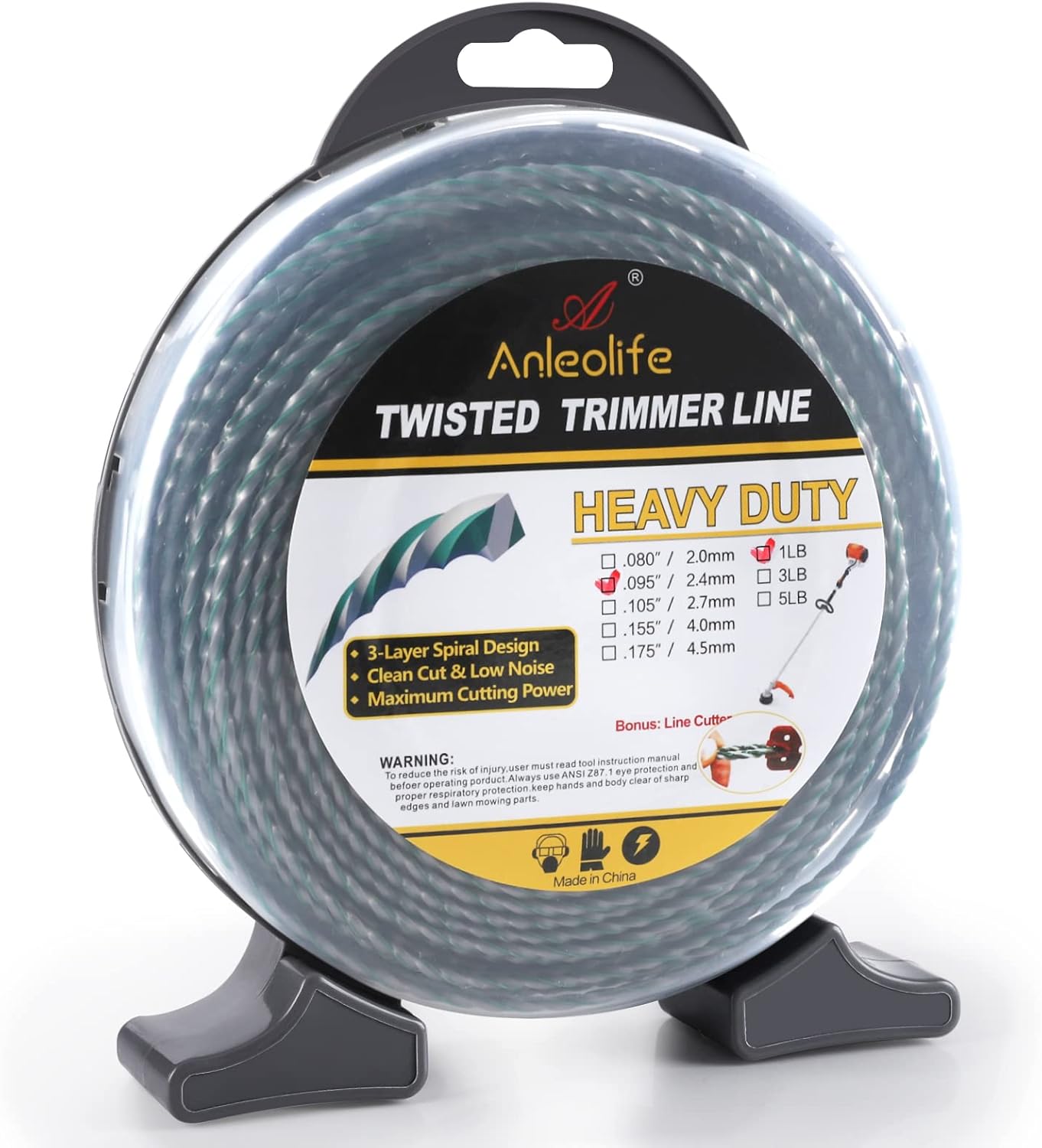 Anleolife Heavy Duty Twisted .095-Inch Dual Core Trimmer Line - 393 Ft with Built-In Cutter