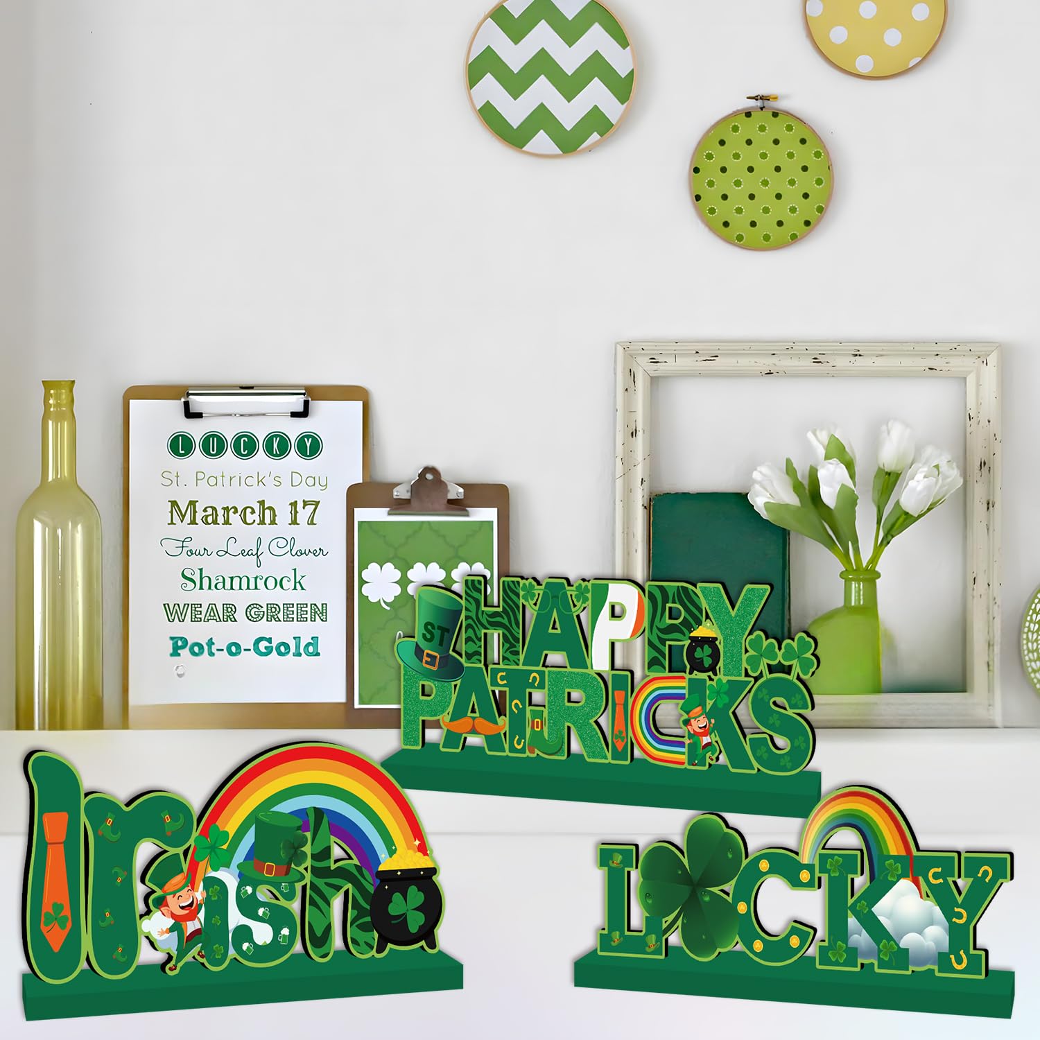 4pcs St Patricks Day Decorations Wooden Table Signs,Happy Saint Patricks Day Table Decorations Green Irish Lucky Shamrock, Leprechaun St. Patricks Day Decorations for Holiday Party