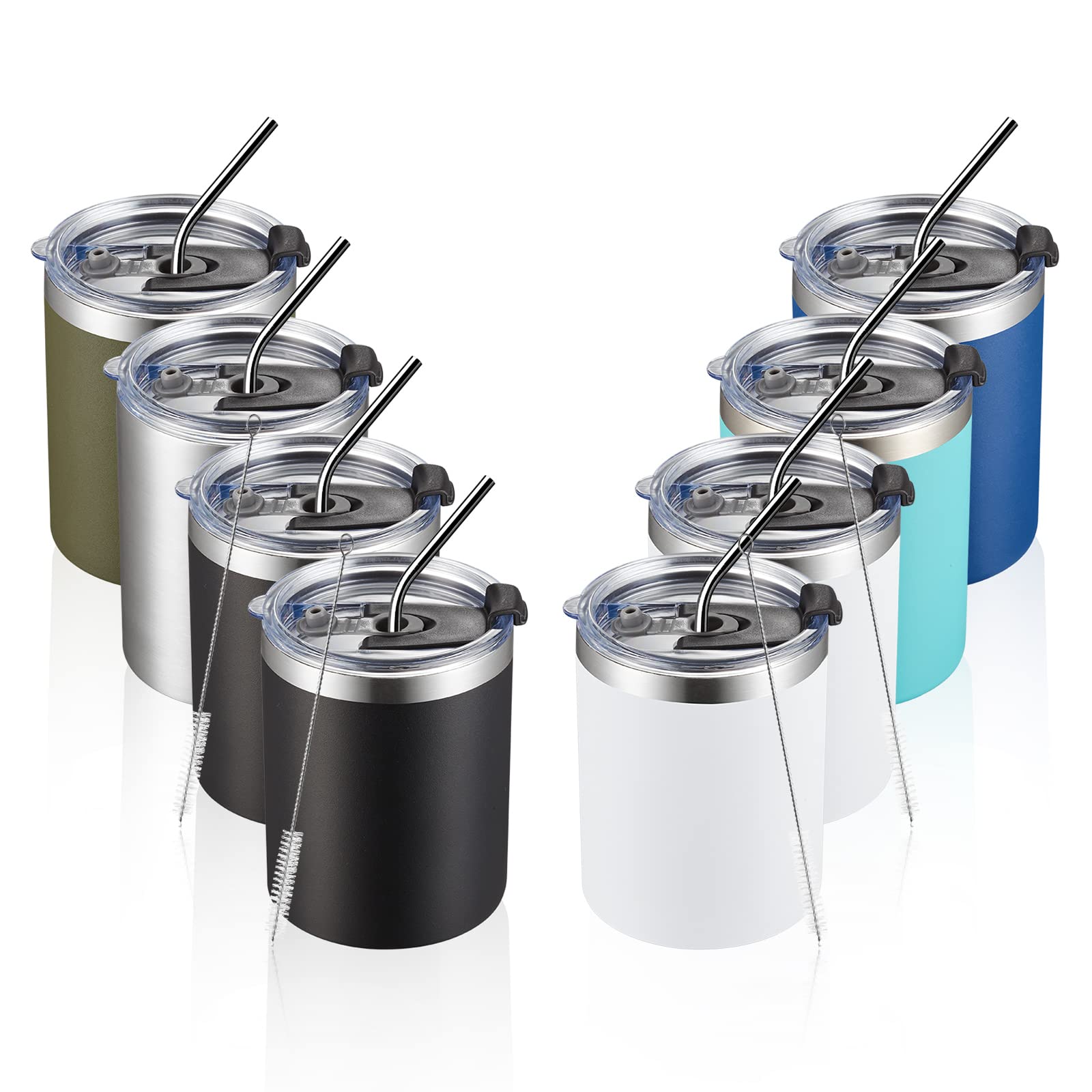 MEWAY 12oz/8 Pack Coffee Mug With Lid, Insulated Stainless Steel Reusable Coffee Cup, Double Wall Durable Coffee Mug, Powder Coate，For Coffee, Beer, Home, Office(MIX,8 Pack)