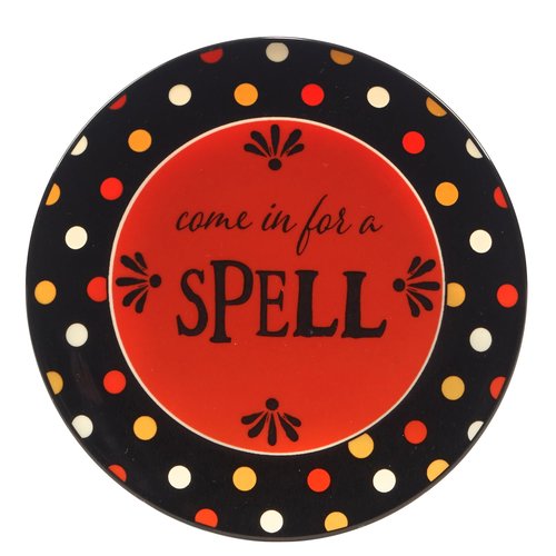 Spooky Halloween Canape Plates – Set of 4 Ceramic 6" Plates with Festive Sayings: BOO, Let’s Get Spooky, Beware & Come In for a Spell – Mini Plates for Halloween Snacks, Treats & Décor