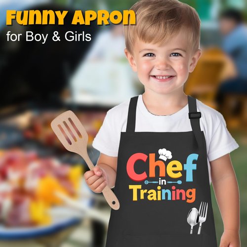 KAXAHHE Kids Chef Apron Hat Set - Adjustable Children's Cooking Apron with 2 Pockets, Black, for Boys Girls Age 3-8 (Chef in Training)