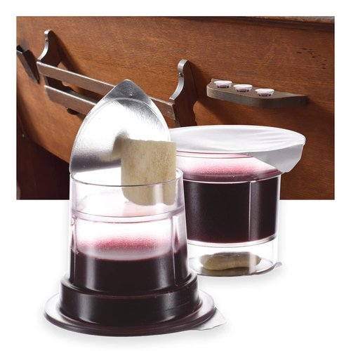 Simply Communion Pre-filled Communion Cups - Tray & Seatback Pew Compatible Cups and Wafer - Concord Juice and Bread - Box of 25 - EASY Open Made in the USA
