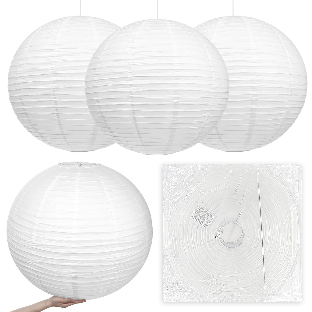 Woanger 4 Pack 30 Inch Large Paper Lantern Shade Jumbo White Japanese Chinese Round Hanging Japanese Paper Lantern Lamp for Home New Year's Eve Valentines Wedding Party Ceiling Decoration