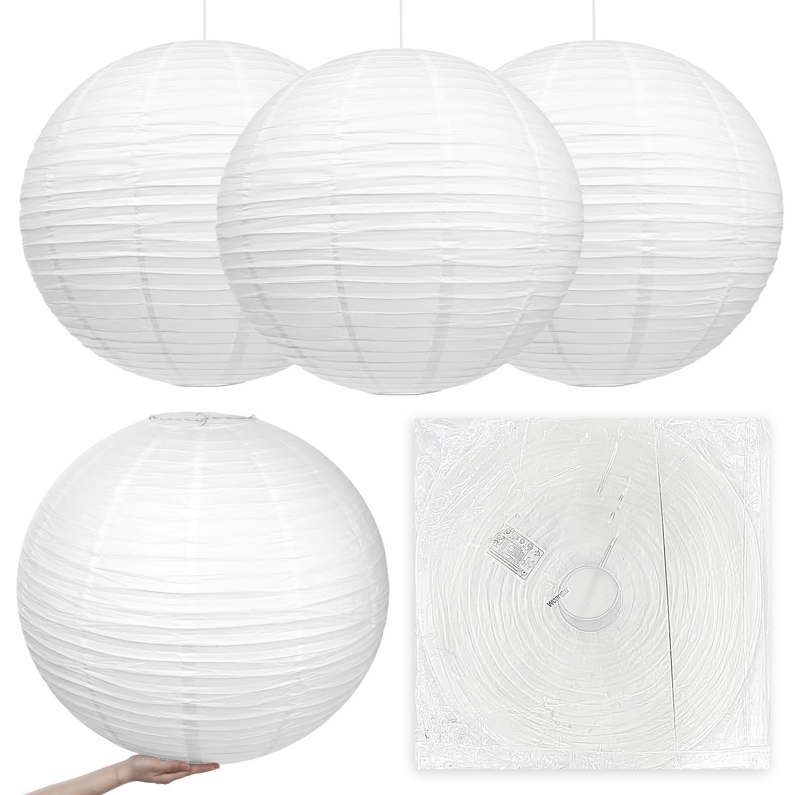 Woanger 4 Pack 30 Inch Large Paper Lantern Shade Jumbo White Japanese Chinese Round Hanging Japanese Paper Lantern Lamp for Home New Year's Eve Valentines Wedding Party Ceiling Decoration