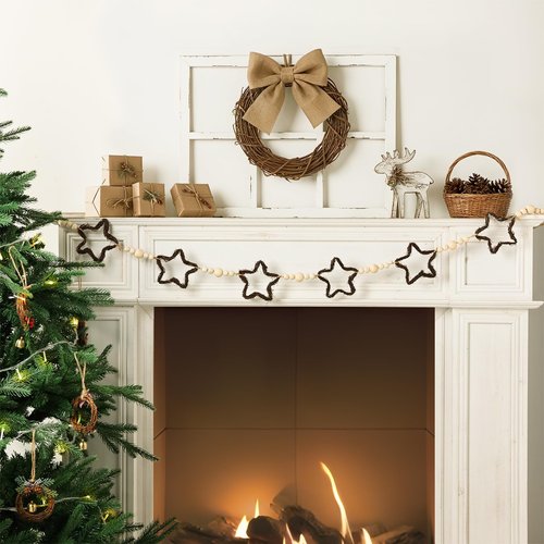 Christmas Decorations Indoor: 6.5ft Farmhouse Christmas Garland Rattan Stars Wooden Beads Christmas Decor,Cute Rustic Stars Ornaments Xmas Banner for Mantel Fireplace Home Wall