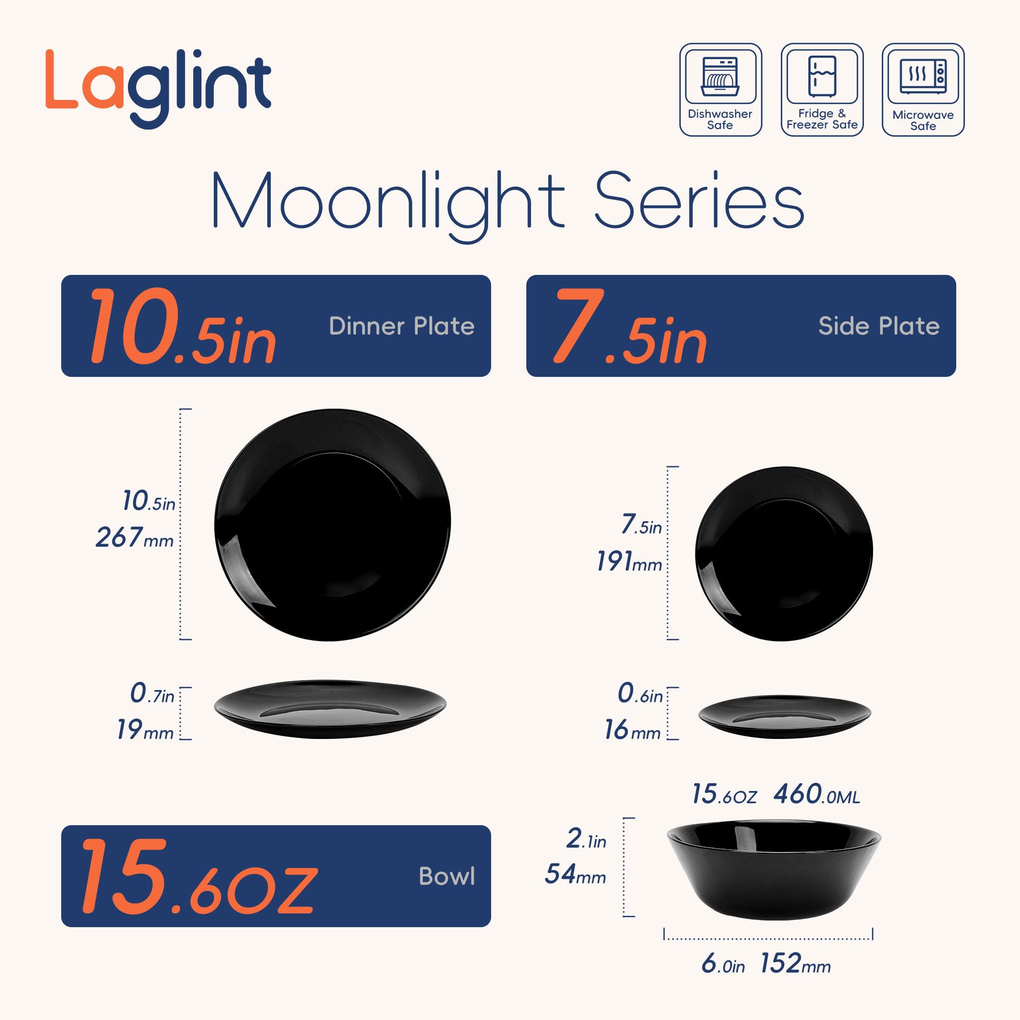 Dinnerware Sets for 6, LaGlint 18 Pieces Opal Glass Plates and Bowls Set, Dishwasher and Microwave Safe Dish Dinning Ware, Chip and Scratch Resistant Dishware Black