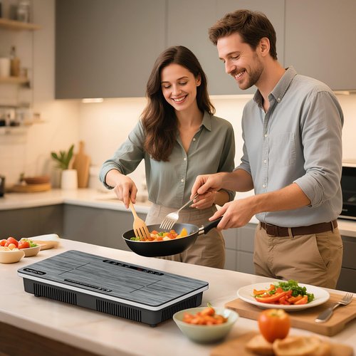 Double Induction Cooktop 1800W with Wood Grain Panel, Dual 900W Burners Portable Electric Stove, Touch Control, 8 Temperature Levels, Fast Heating & Safety Protection for Home Apartment RV