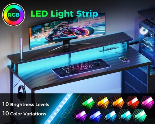 Casaottima 59 Inch Gaming Desk with USB Charging Ports & LED Light - Reversible Computer Desk with 3 Fabric Drawers, Monitor Stand, CPU Stand, Modern Office Desk, Pure Black