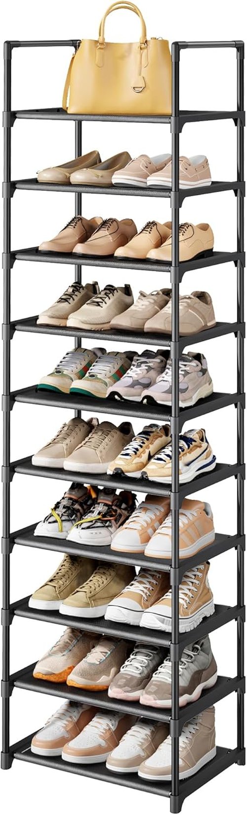 Kitsure Shoe Rack - 10-Tier Tall Organizer with Detachable Fabric Shelves | 16.9" Wide - Black
