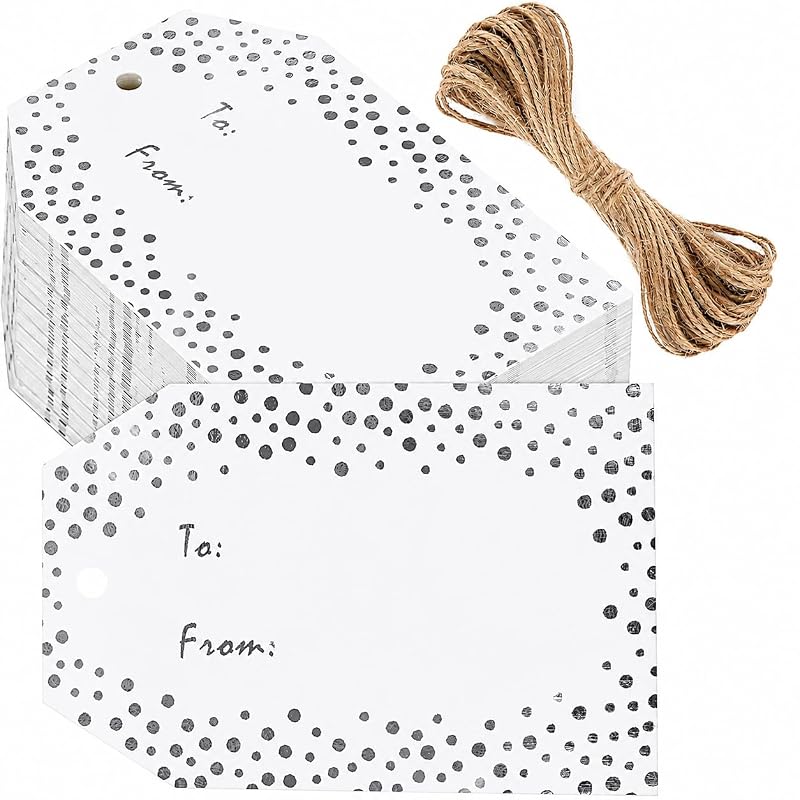 G2PLUS Silver Dot Gift Tags To & From - 50 Pcs with White Kraft Paper, Twine, 2x3.3 In - Silver Dots