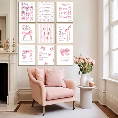 Coquette Pink Bow Wall Art - Inspirational Bible Verses Canvas Prints | 12x16in Unframed Decor for Teen Girls