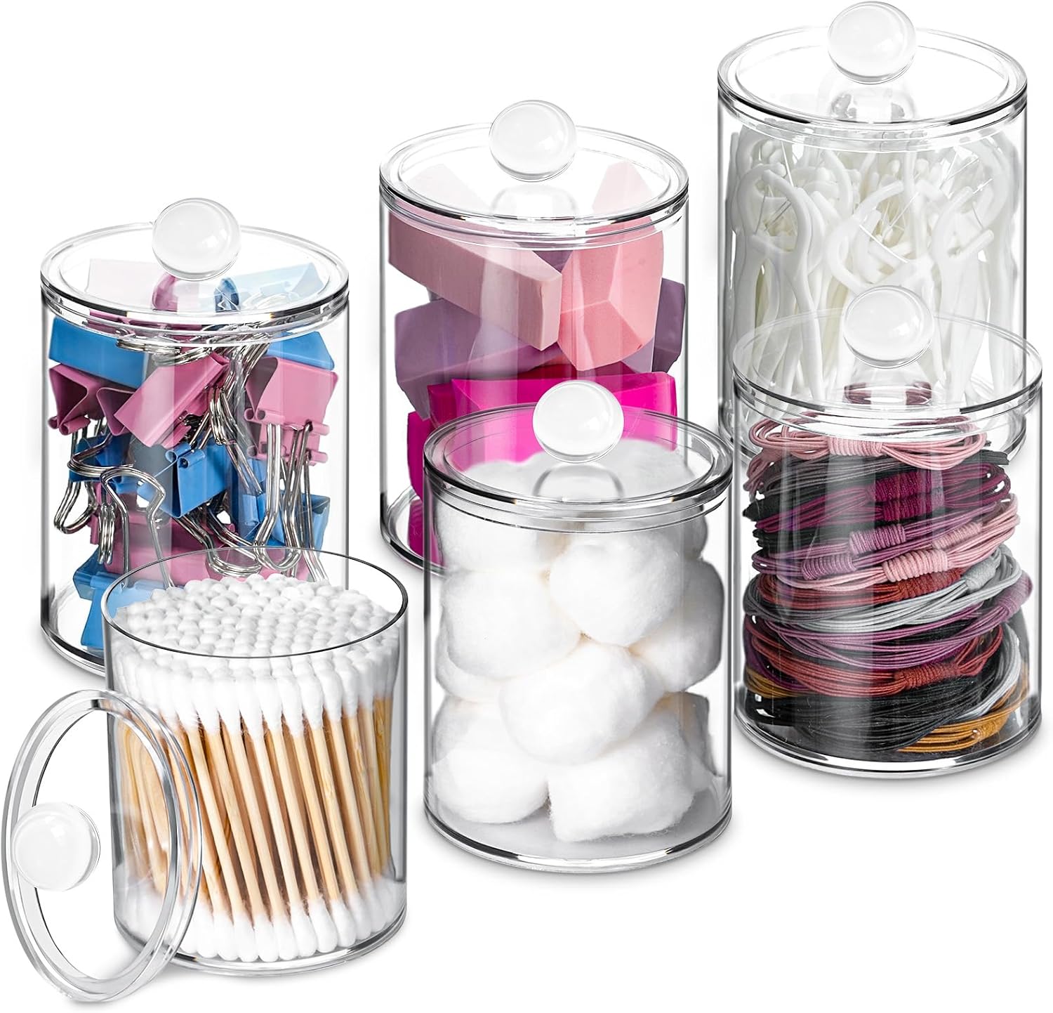 XIPENGKEJI Qtip Holder Set - 6 Pack Apothecary Jars with Lids for Bathroom Organization | Clear 10oz-12oz