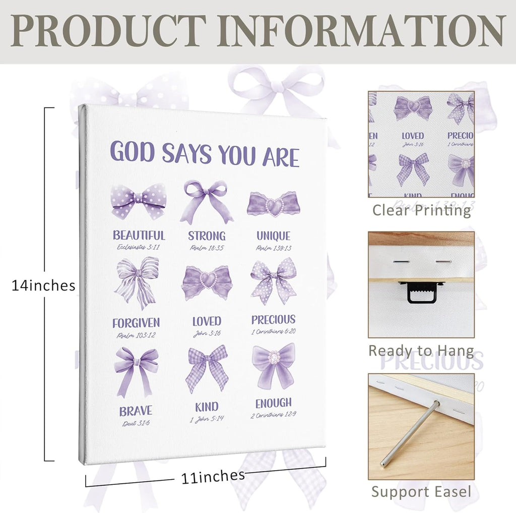 PHAMTE Christian Wall Art Decor - Inspirational Purple Bow Canvas 11x14 for Girly Room