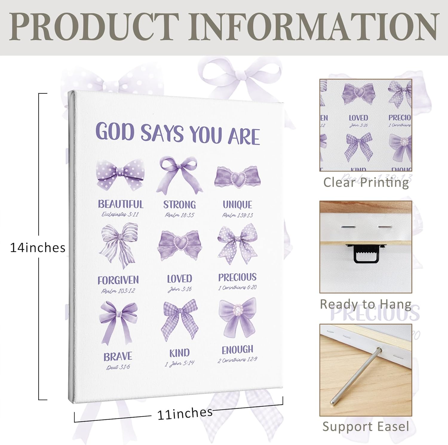 PHAMTE Christian Wall Art Decor - Inspirational Purple Bow Canvas 11x14 for Girly Room