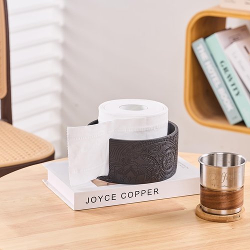 Black Boho Flowers Carved Toilet Paper Holder Stand for Bathroom Countertop or Floating Shelves,Toilet Top Decorative Roll Organizer Mega Roll 5.5 Inches or Less, Free Standing 1 Mega Roll Storage