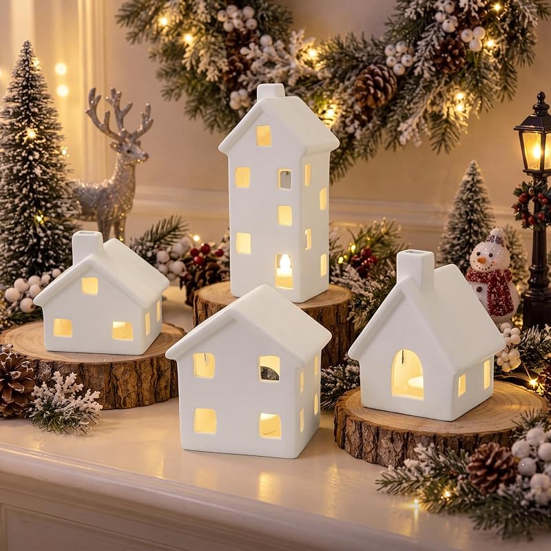 Ceramic Christmas Village Houses Set, 4 Piece Mantel Display