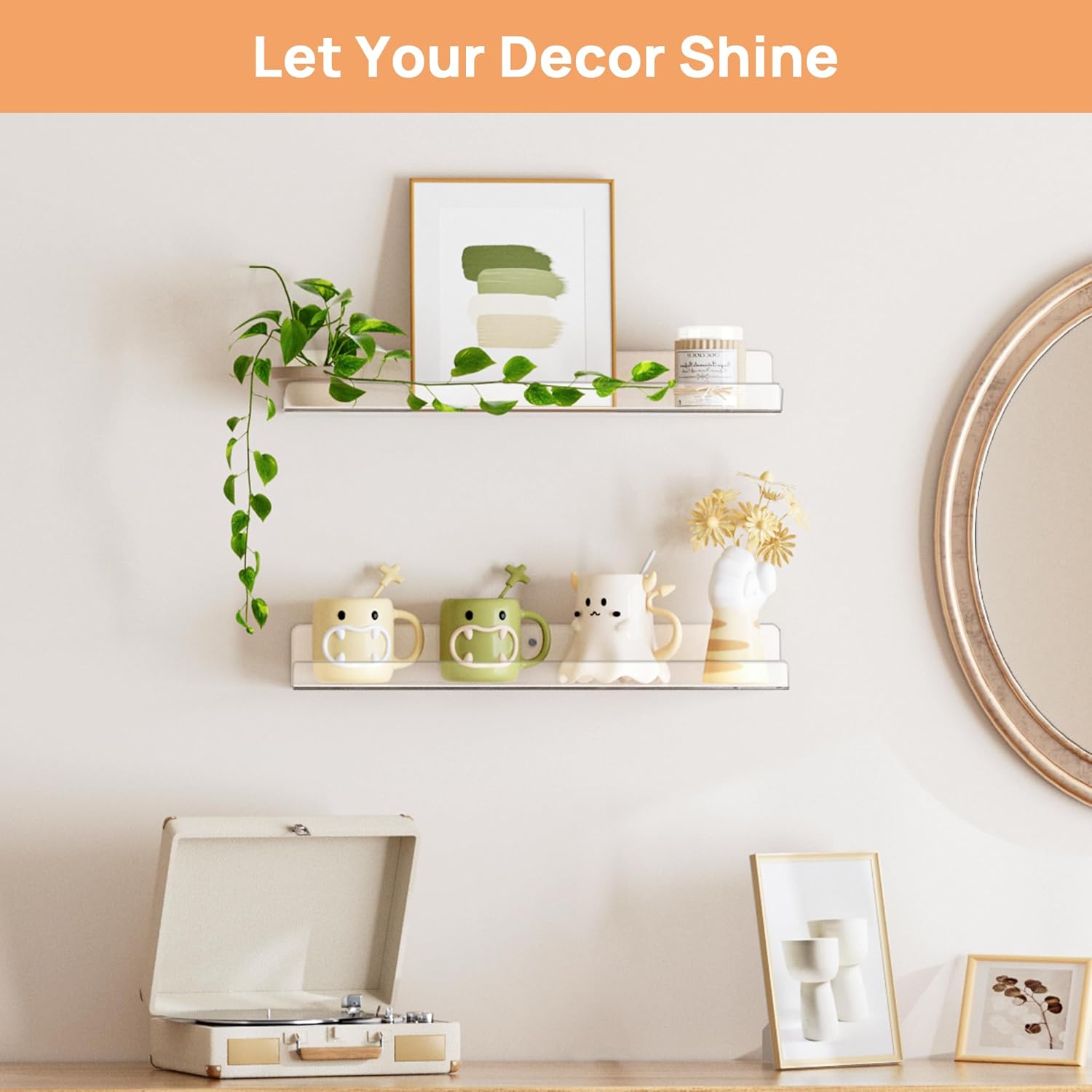 Upsimples Acrylic Floating Shelves - 15” Wall Organizer for Bathroom, Bedroom & Nursery | Clear 2-Pack