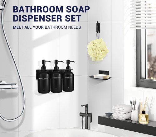 KLL Shampoo and Conditioner Dispenser Set - Wall Mounted Shower Soap Dispenser - 17oz No-Drill Refillable Plastic Pump Bottles for Bathroom - Includes Soap Dish & Hook (Black)