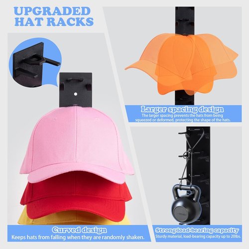 Hat Organizer - Skiennix 2-Pack Wall Rack for Up to 18 Baseball Caps | Strong Adhesive Hooks, Black