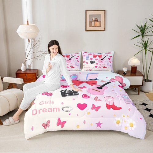 Erosebridal Music Themed Full Bedding Set,Guitar Singer Vinyl Record Comforter Set for Girls Kids,Pink Disco Ball Quilt Bed Set Red Bow Butterfly Bedding Comforter Sets,2 Pillowcases Room Decor