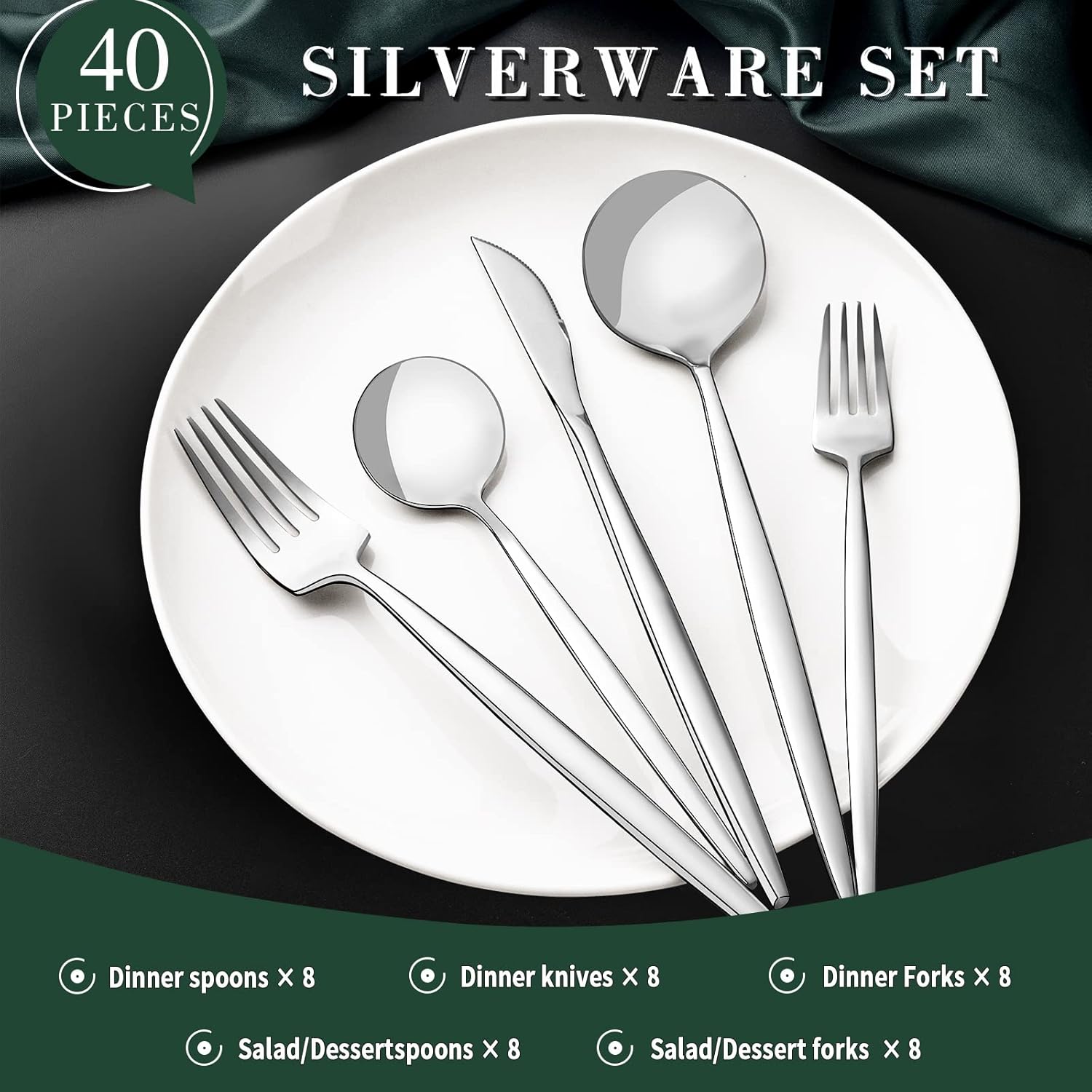 CEKEE 40-Piece Stainless Steel Silverware Set - Flatware Cutlery for 8 | Mirror Polished & Dishwasher Safe