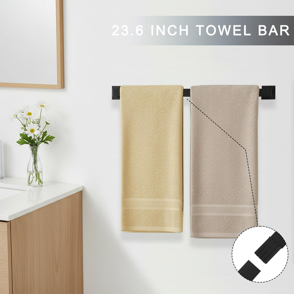 24 Inch Bathroom Hardware Set, 5-Pieces Matte Black Bathroom Accessories Set, Stainless Steel Towel Rack Set, Towel Bar, Towel Hooks, Updated Toilet Paper Holder with Shelf Wall Mounted