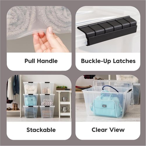 IRIS USA 54 Qt Stackable Plastic Storage Bins - BPA-Free, Durable Nestable Containers, 12 Pack - Clear with Lids