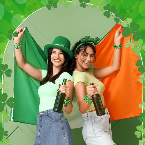 Landical 64 Pieces St. Patrick's Day Bracelets Bulk Beaded Favor Irish Lucky Leaf Shamrock Bracelet Pack Green Stackable Friendship Jewelry for Gifts Goody Bag Fillers Party Supplies