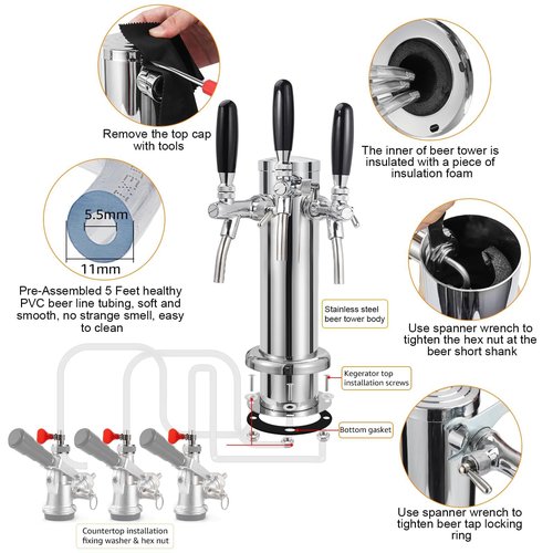 Dbgogo 3 Tap Beer Tower Adjustable Flow Control Beer Faucet Three Tap Beer Tower Stainless 3” Triple Tap Beer Tower Dispenser Kegerator Tower Kit with Pre-Assembled Tubing and Self-Closing Springs