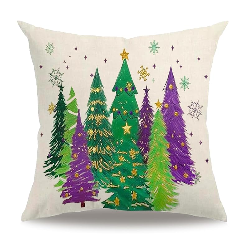 7COLORROOM Christmas Decor Pillow Cover 18x18 Green Merry Christmas Trees Snowflake Purpule