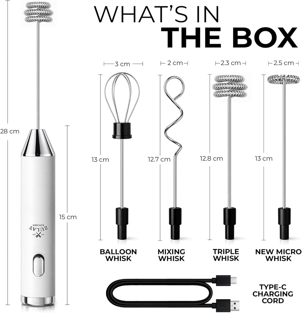 Zulay Kitchen Rechargeable Milk Frother - Handheld Electric Mixer with 3 Whisk Attachments | USB-C Charging, Lasts 6 Months
