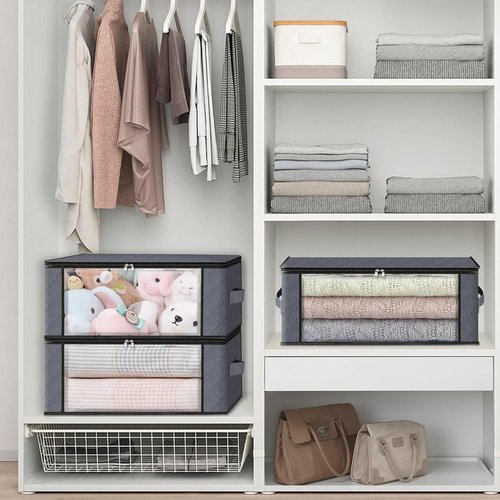 HomeHacks Clothes Organizer Storage Bags - Foldable 35L with Clear Window & Sturdy Handles | Gray 3-Pack