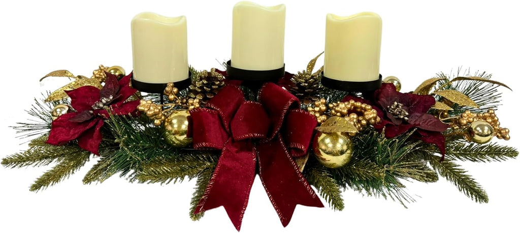 Svndlyn Christmas Candle Holders - Festive 3-Piece Set with Red Poinsettia, Golden Pine, and Berries for Table Centerpiece